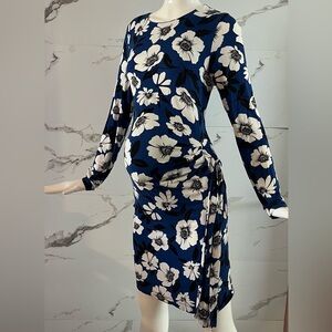 A Pea In The Pod Maternity Blue White Floral Built-In Bra Midi Dress Size M